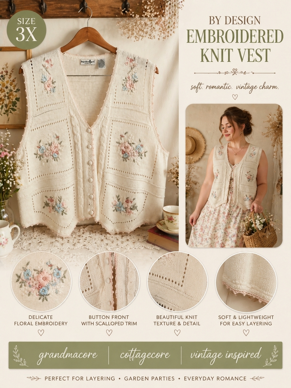 By Design Embroidered Knit Vest Ivory Floral Button Front 3X